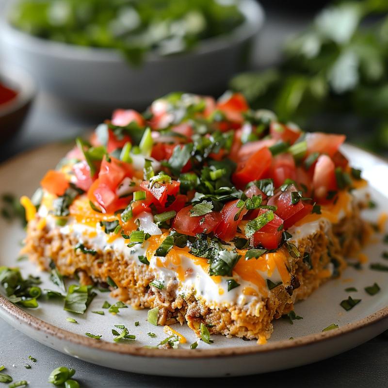 Close-up view of a colorful 7 layer dip served on a light grey plate.
