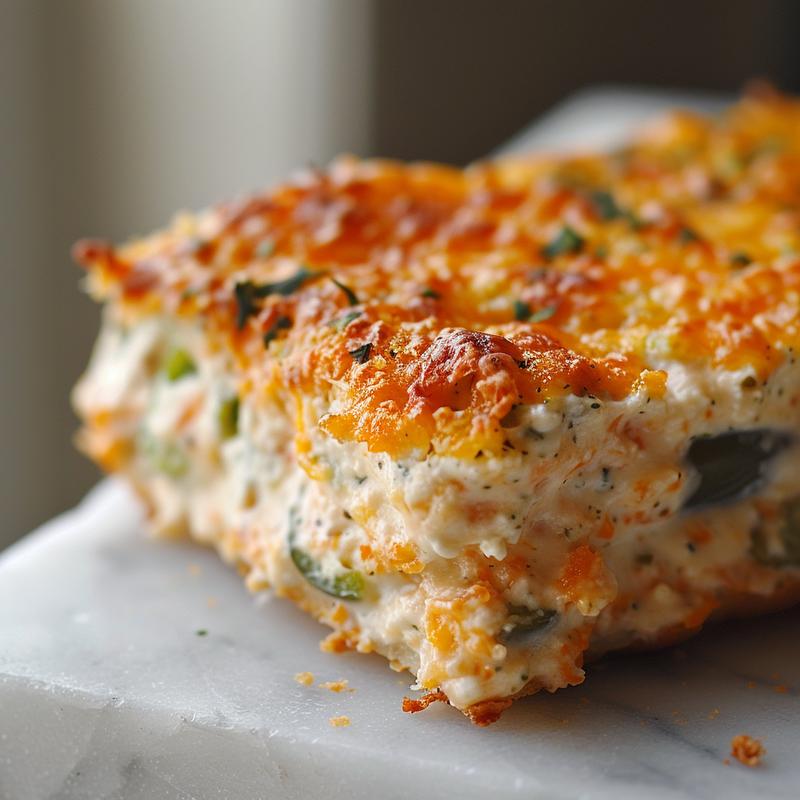 Close-up of creamy jalapeño popper dip with a golden crispy cheese crust on a marble surface.