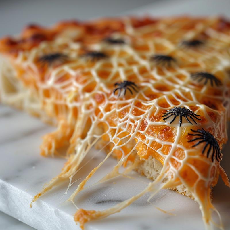 Close-up of a Halloween-themed 7 layer dip with a spider web design on a white marble surface.