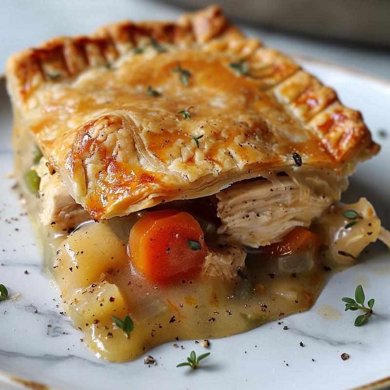 Close-up of a slice of slow cooker chicken pot pie soup served on a white plate against a marble surface.