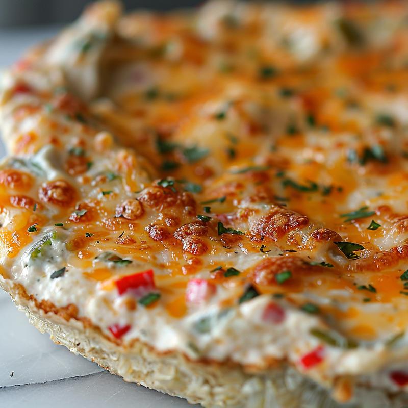Close-up of creamy jalapeño popper dip with a golden crispy cheese crust on a marble surface.