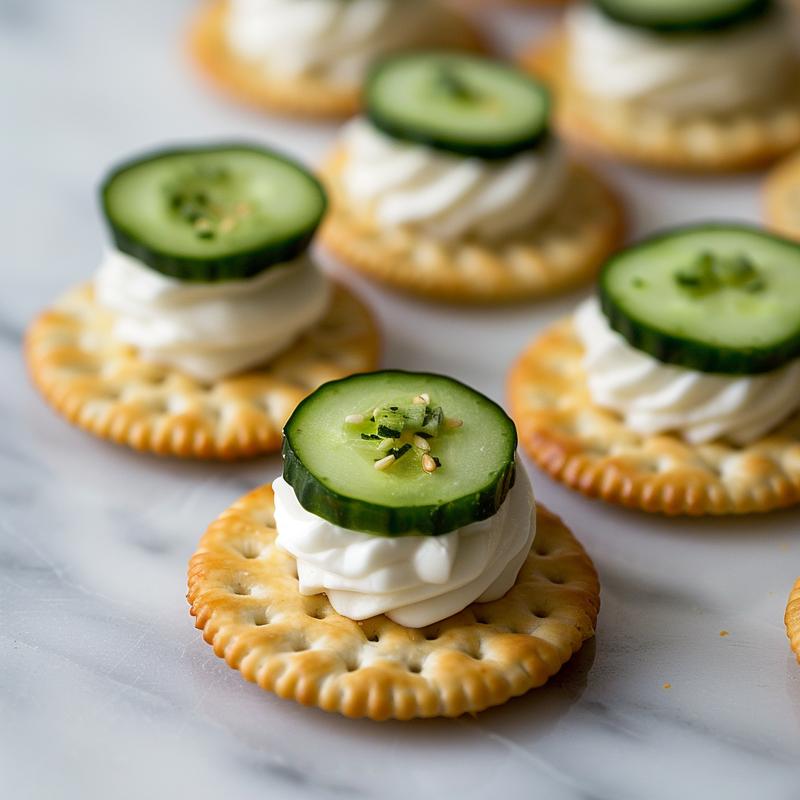 Close-up of cucumber cream cheese cracker snacks on marble.