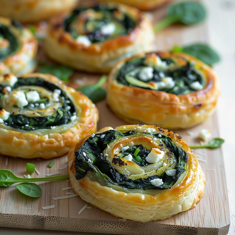 Close-up of gluten-free spinach and feta pinwheels on a light wood board.