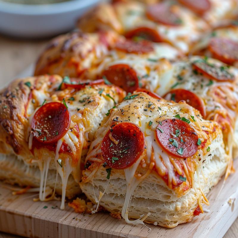 Close-up of pull-apart pizza bread with visible pepperoni and melted cheese.