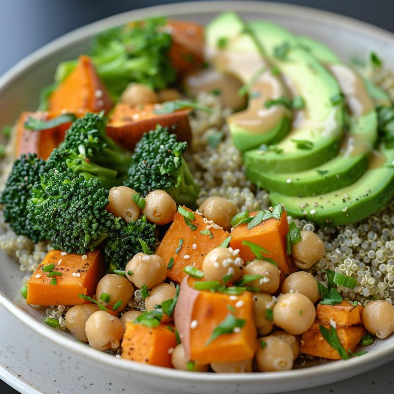Close-up of a Buddha bowl with quinoa, sweet potatoes, broccoli, chickpeas, and avocado on a grey plate.