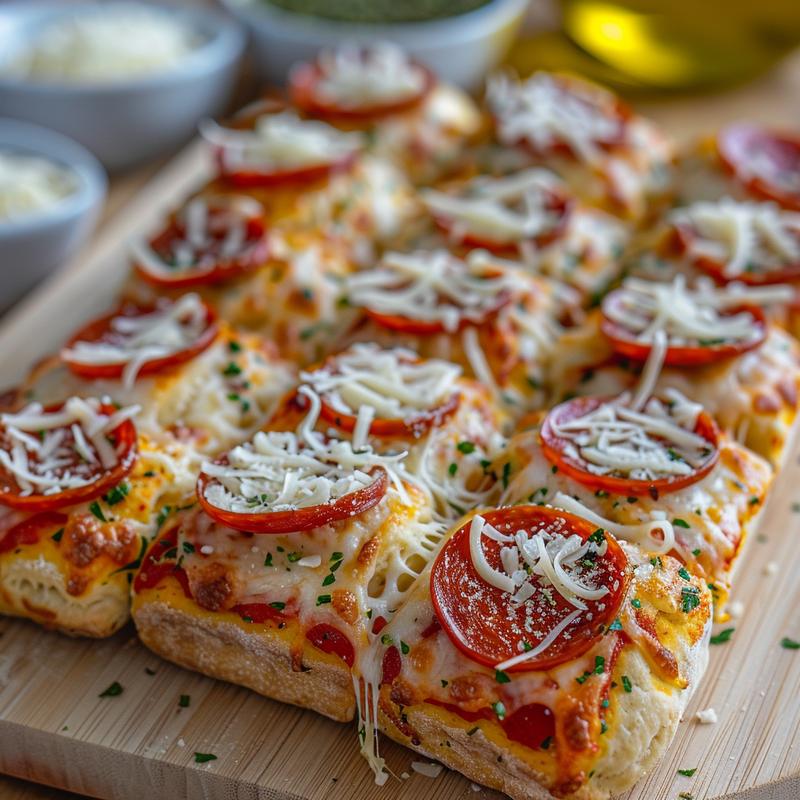 Close-up of pull-apart pizza bread with melted cheese and pepperoni.