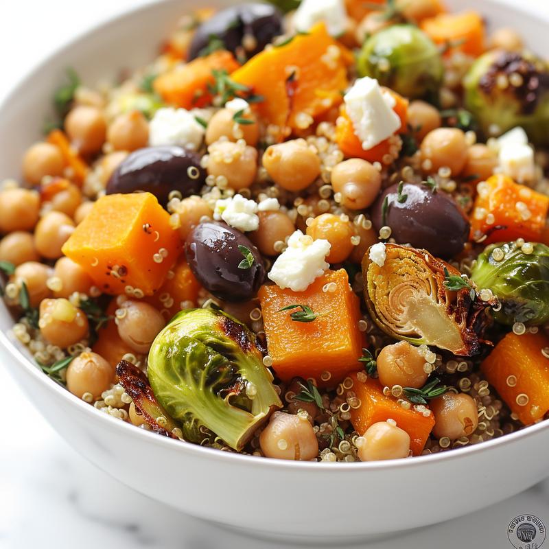 Close-up of a quinoa bowl with roasted vegetables, feta, and olives.