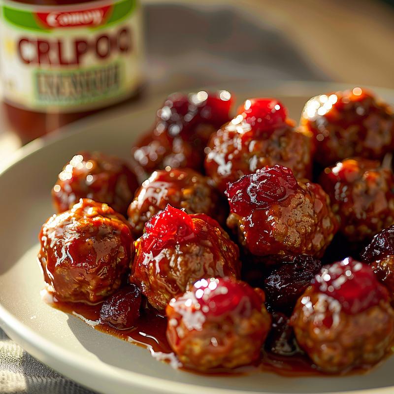 Close-up of cranberry chili meatballs on a grey plate, lit by bright window light.
