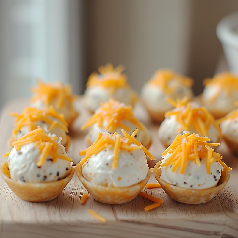 Close-up of small cheeseball bites on a light wood board.