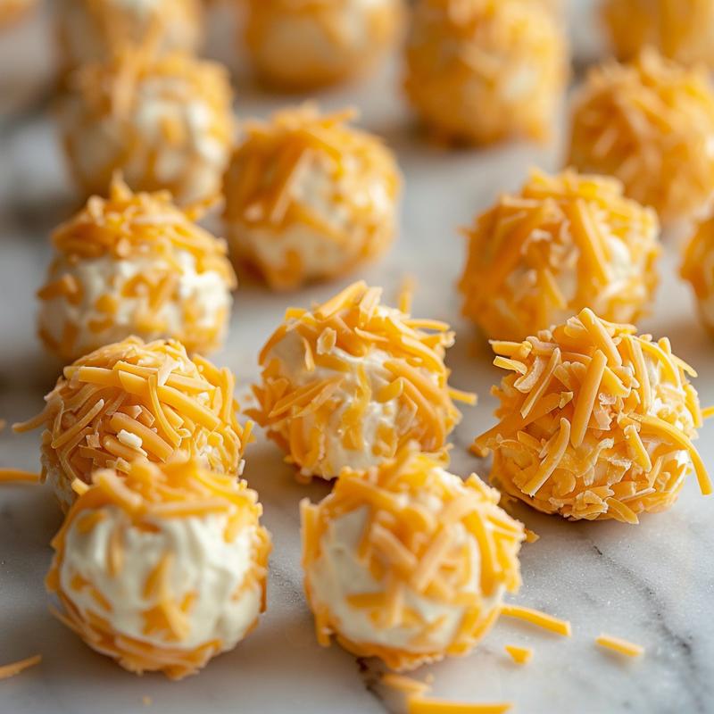 Close-up of mini cheeseball bites on white marble.
