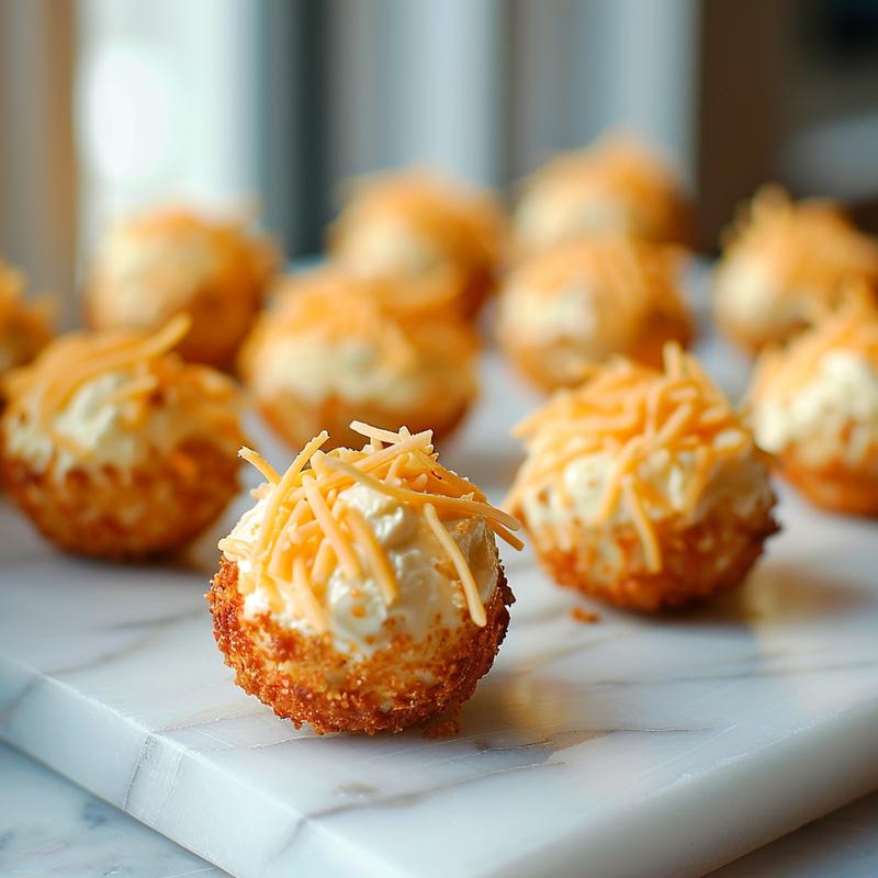 Close-up of creamy mini cheeseball bites on white marble.