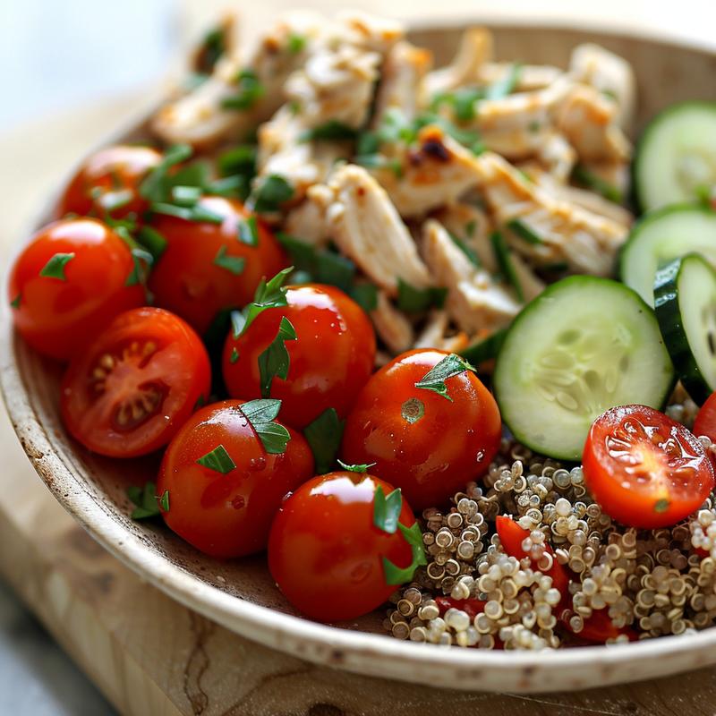 Close-up of a Greek chicken and quinoa bowl with tomatoes and cucumber.