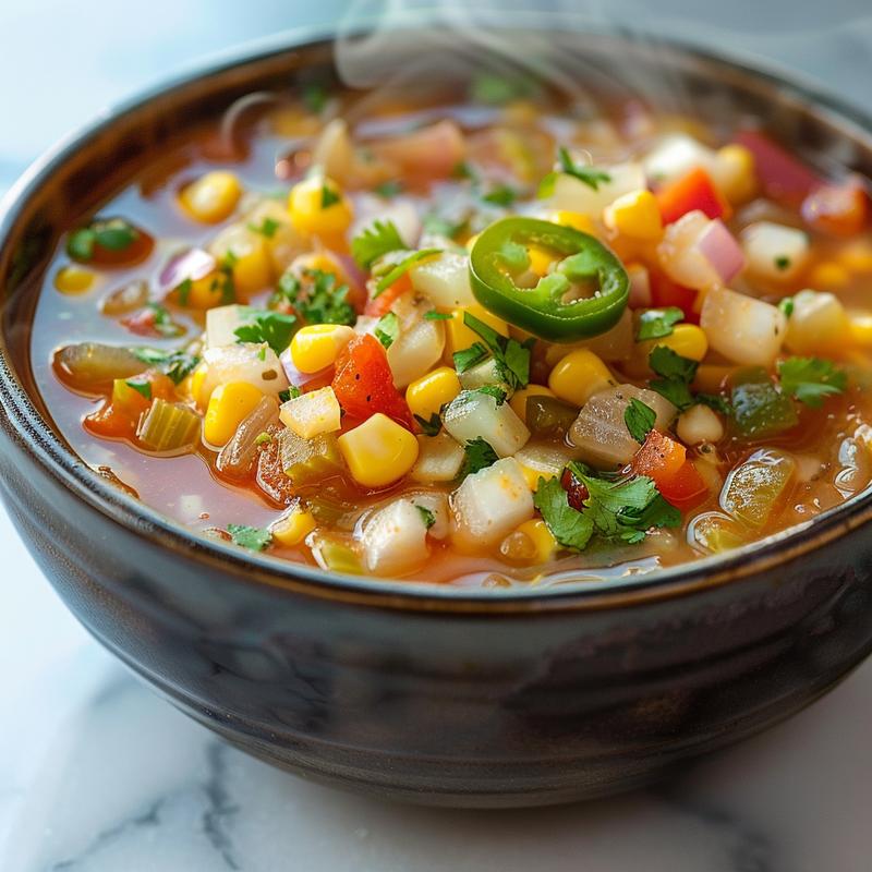 Steaming bowl of colorful vegetarian tortilla soup.