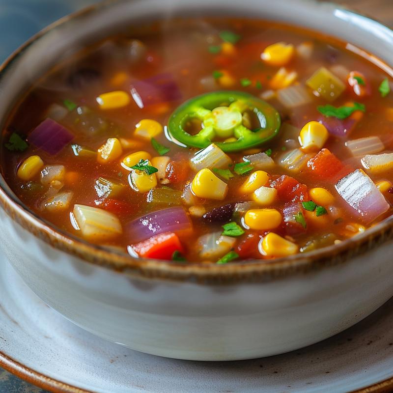 Close-up of vegetarian tortilla soup in a light grey bowl.