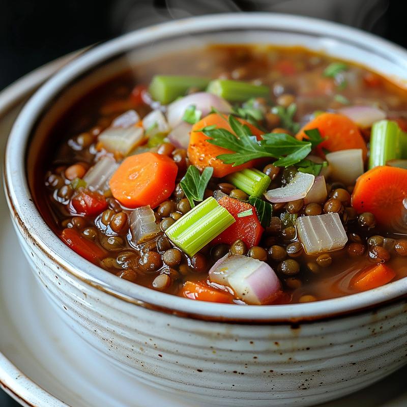 Close-up of lentil soup in a gray bowl, bright natural lighting.