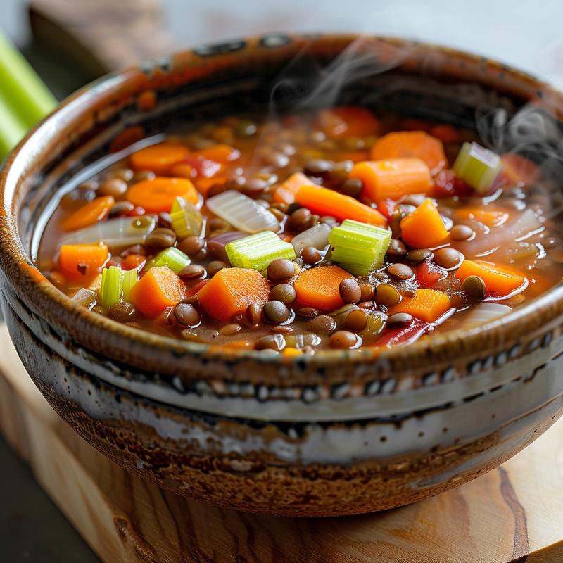 Close-up of lentil soup with visible vegetables on a wood board.