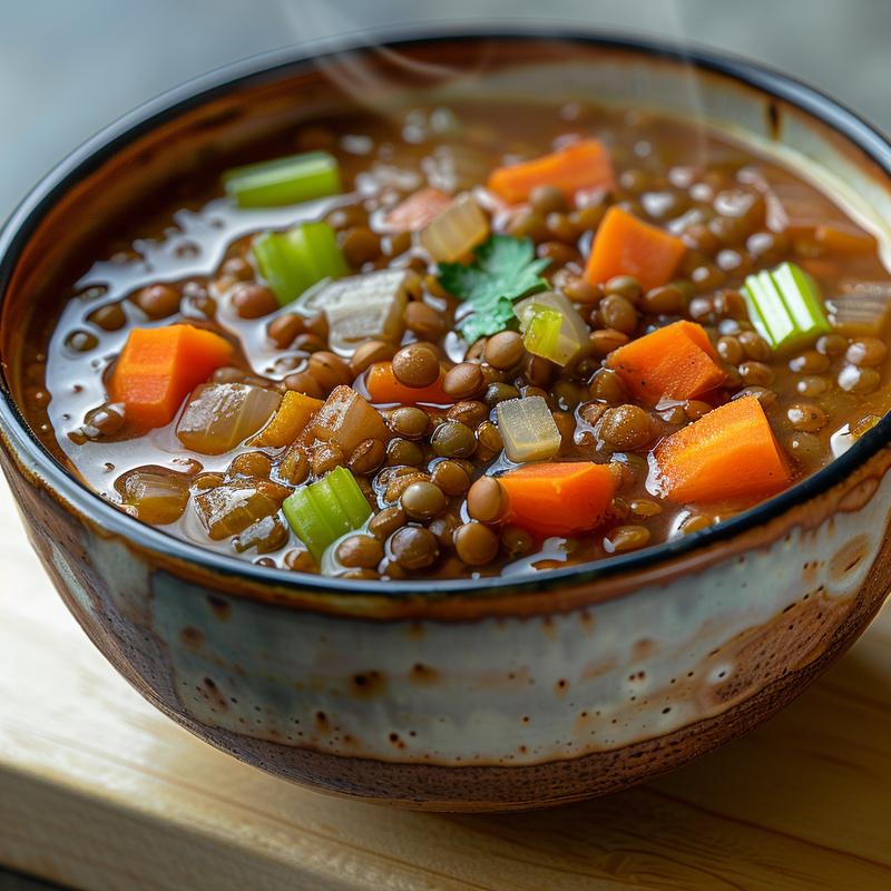 Close-up of steaming lentil soup with visible vegetables.