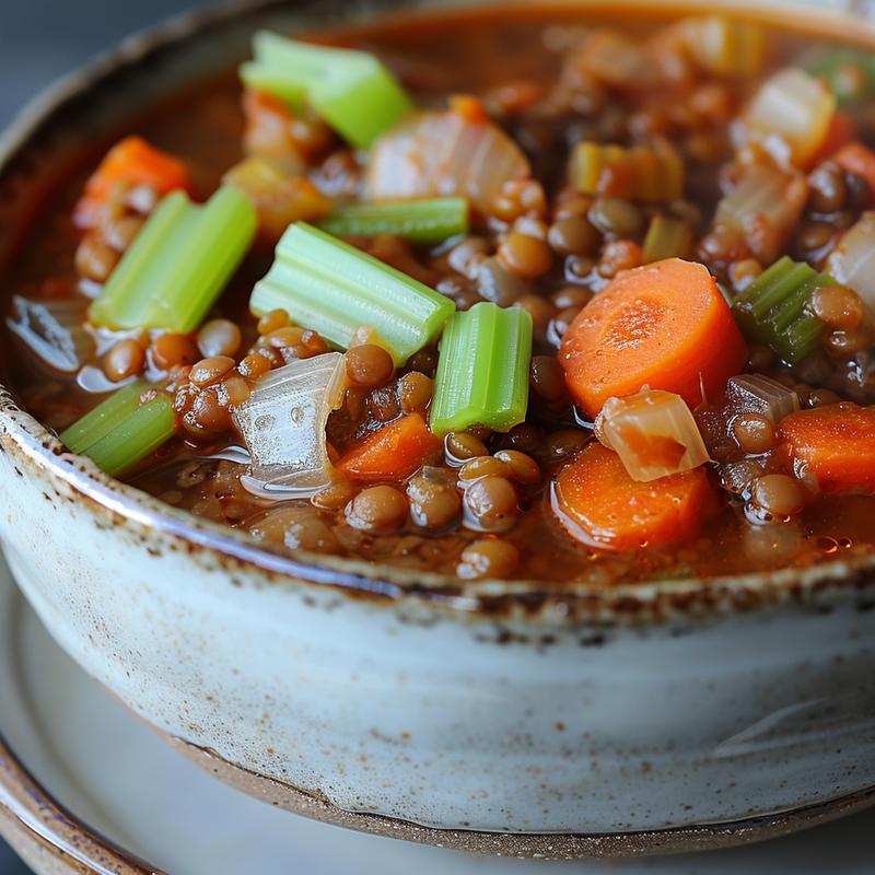 Close-up of vibrant red lentil soup in a grey bowl.