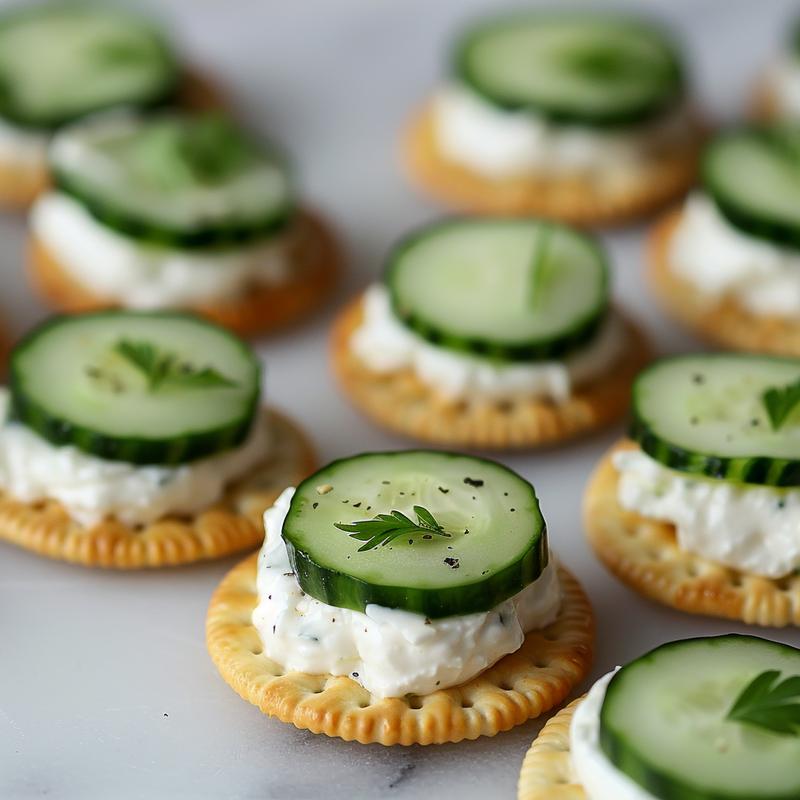 Close-up of cucumber cream cheese cracker snacks on marble.