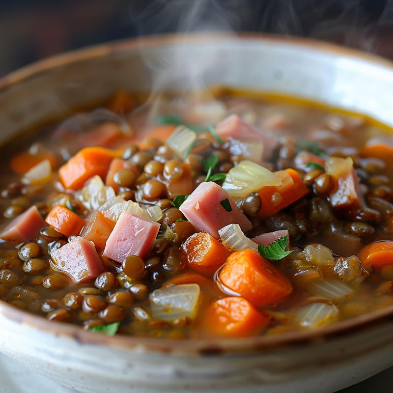 Steaming bowl of lentil soup with visible diced ham, carrots, and onions.