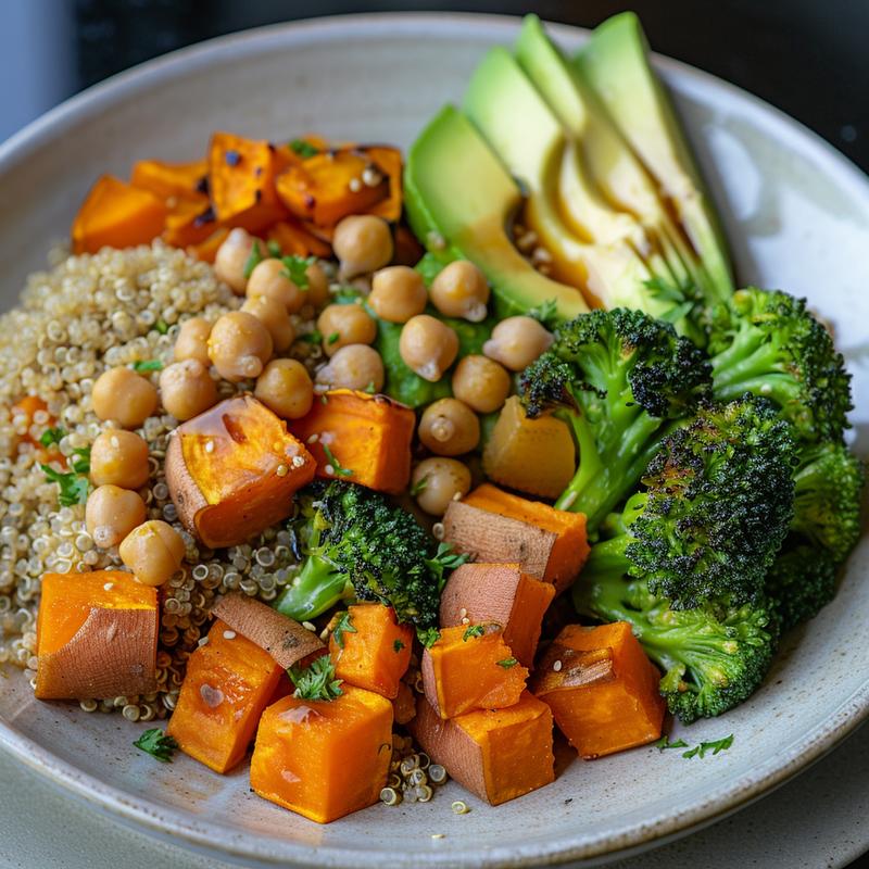 Close-up of a Buddha bowl with quinoa, sweet potatoes, broccoli, chickpeas, and avocado on a grey plate.