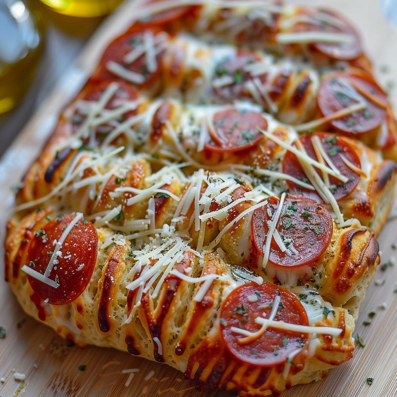Close-up of pull-apart pizza bread with melted cheese and pepperoni.