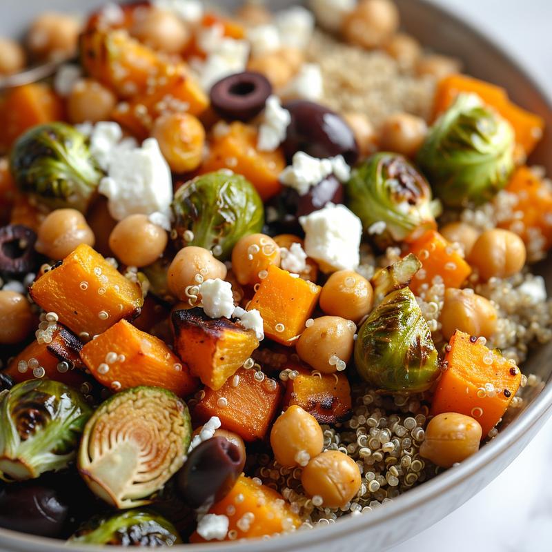 Close-up of a quinoa bowl with roasted vegetables, feta, and olives.