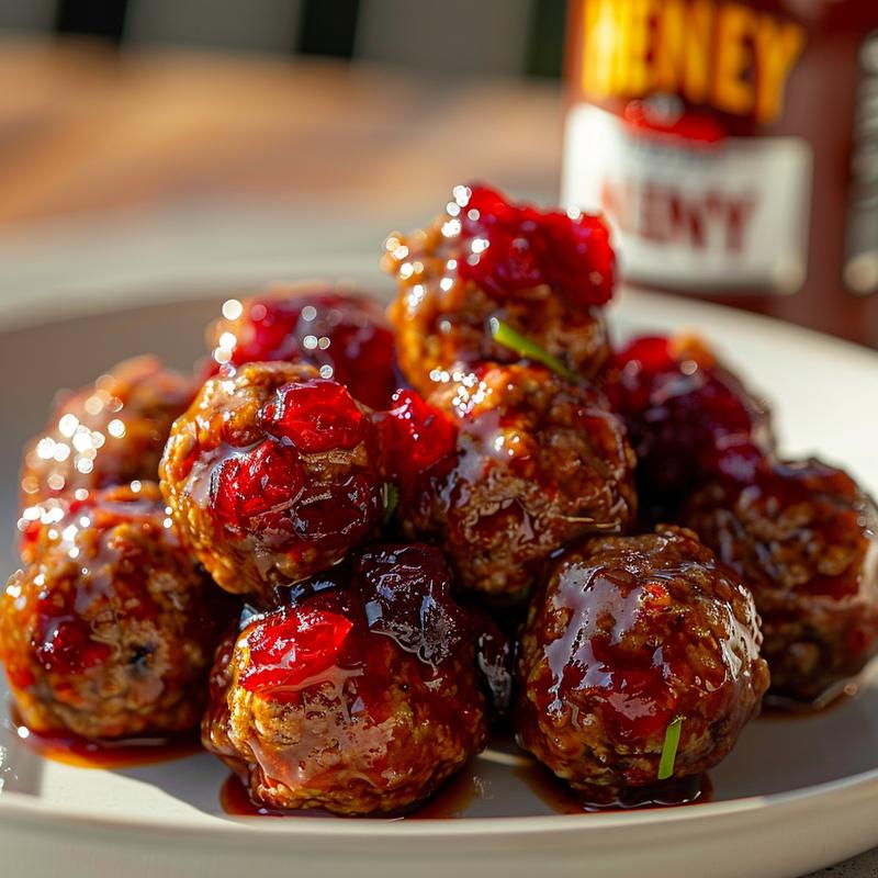 Close-up of cranberry chili meatballs on a grey plate, lit by bright window light.