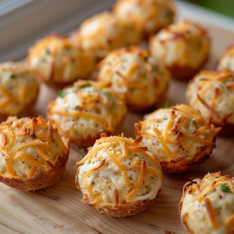 Close-up of small cheeseball bites on a light wood board.