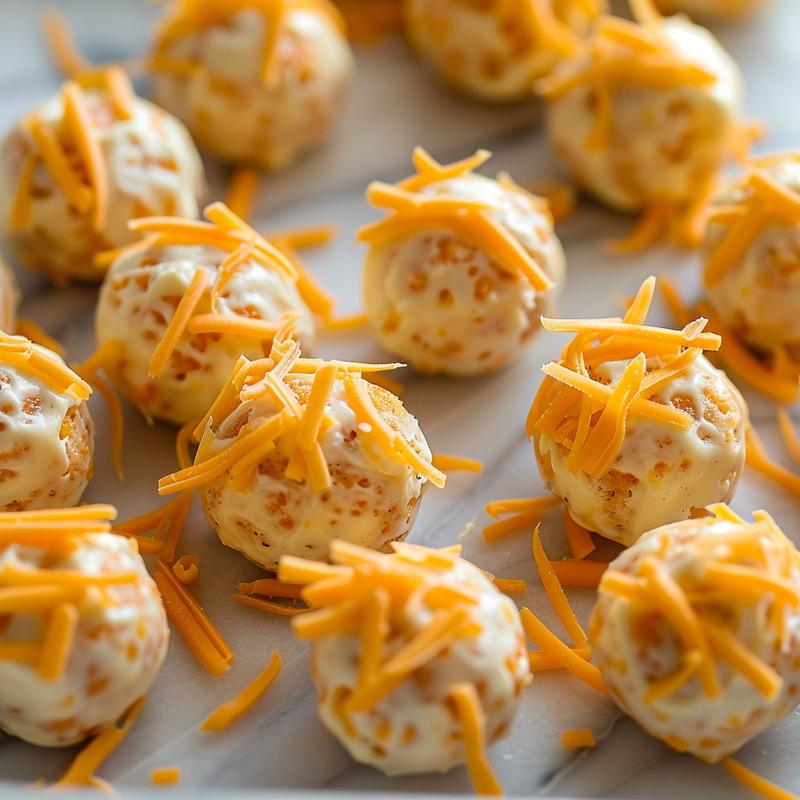 Close-up of creamy mini cheeseball bites on white marble.