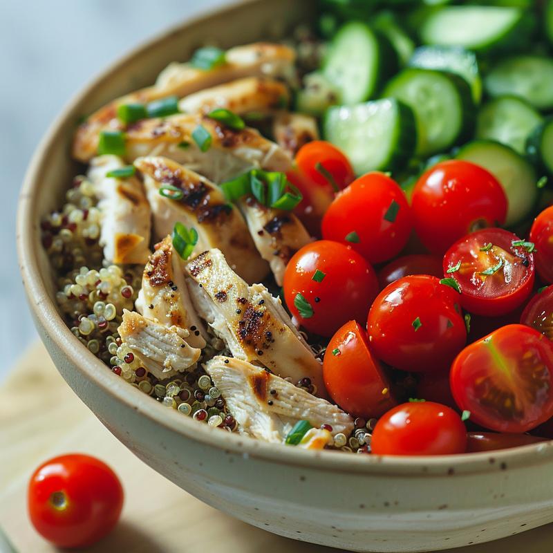 Close-up of a Greek chicken and quinoa bowl with tomatoes and cucumber.