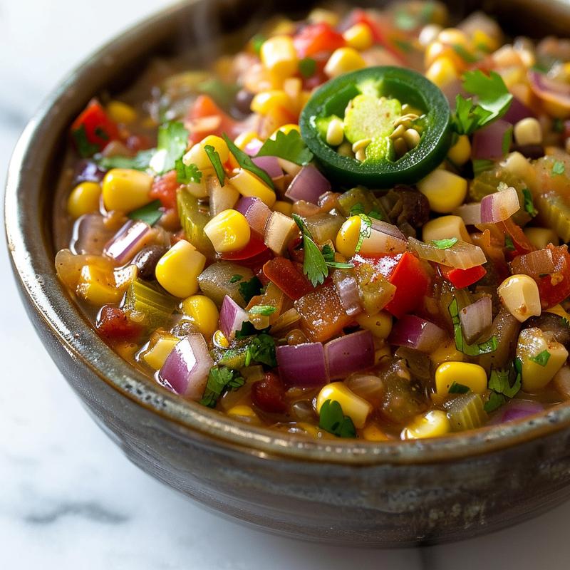 Steaming bowl of colorful vegetarian tortilla soup.