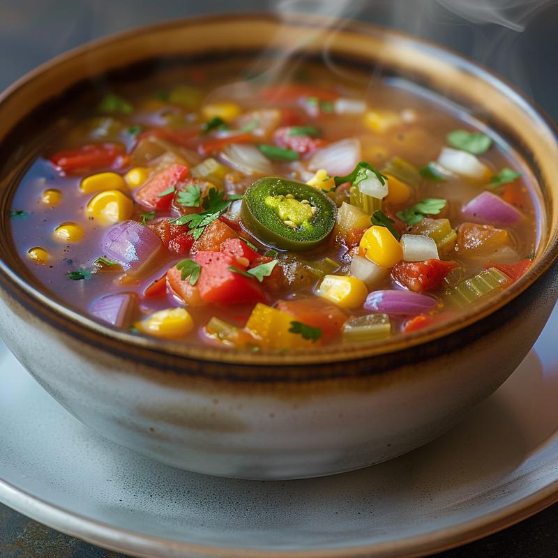Close-up of vegetarian tortilla soup in a light grey bowl.