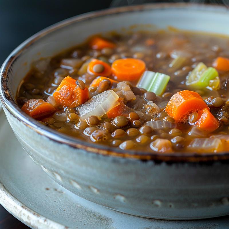 Close-up of lentil soup in a gray bowl, bright natural lighting.