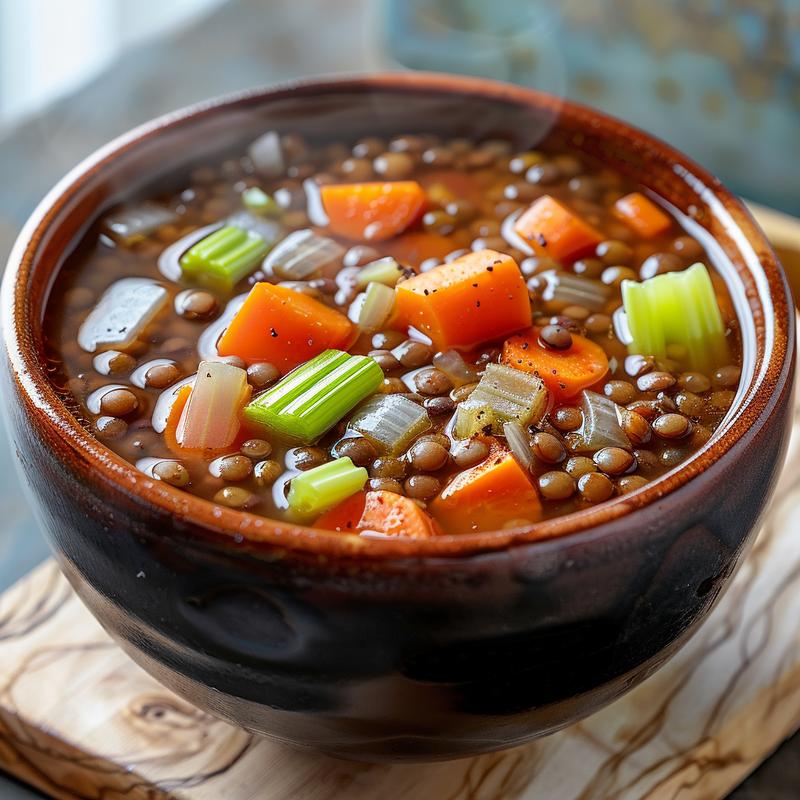 Close-up of lentil soup with visible vegetables on a wood board.