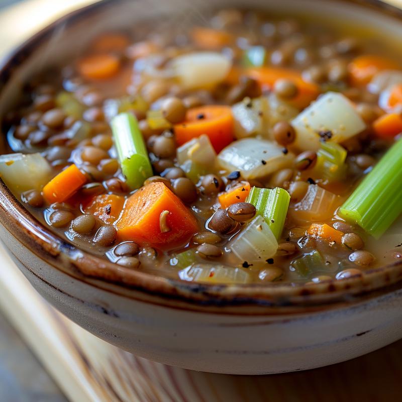 Close-up of steaming lentil soup with visible vegetables.