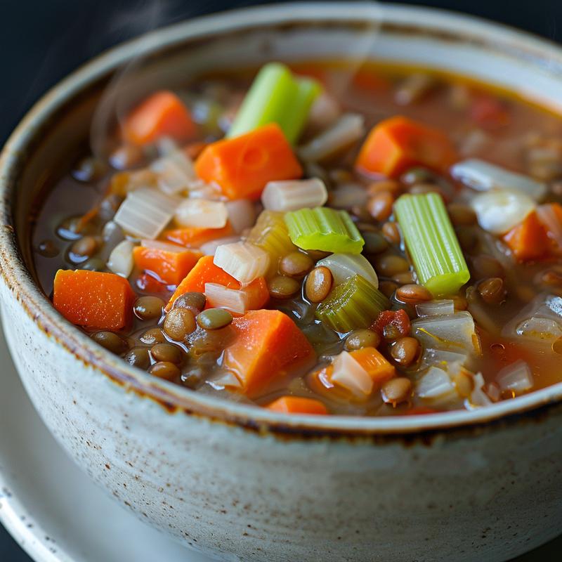 Close-up of vibrant red lentil soup in a grey bowl.